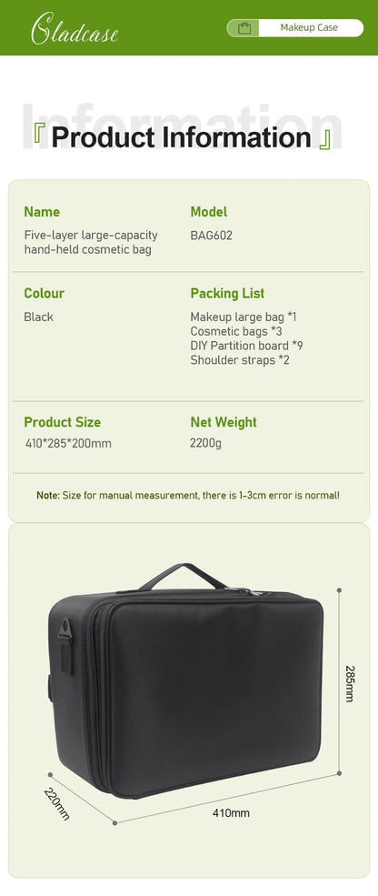 GLADCASE Makeup Case Large Waterproof Makeup Toolbox Professional With Brush Holder Beauty Cosmetic Suitcase Make Up Organizer.