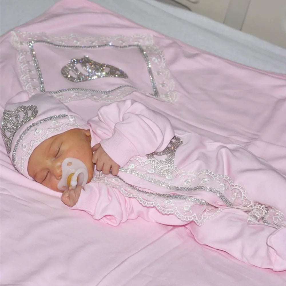 5pcs Handmade DIY Vinyl Name Personalized Baby Girl Newborn Jewels Crown Pink Take Me Home Layette 5 Piece Deluxe Gift Set