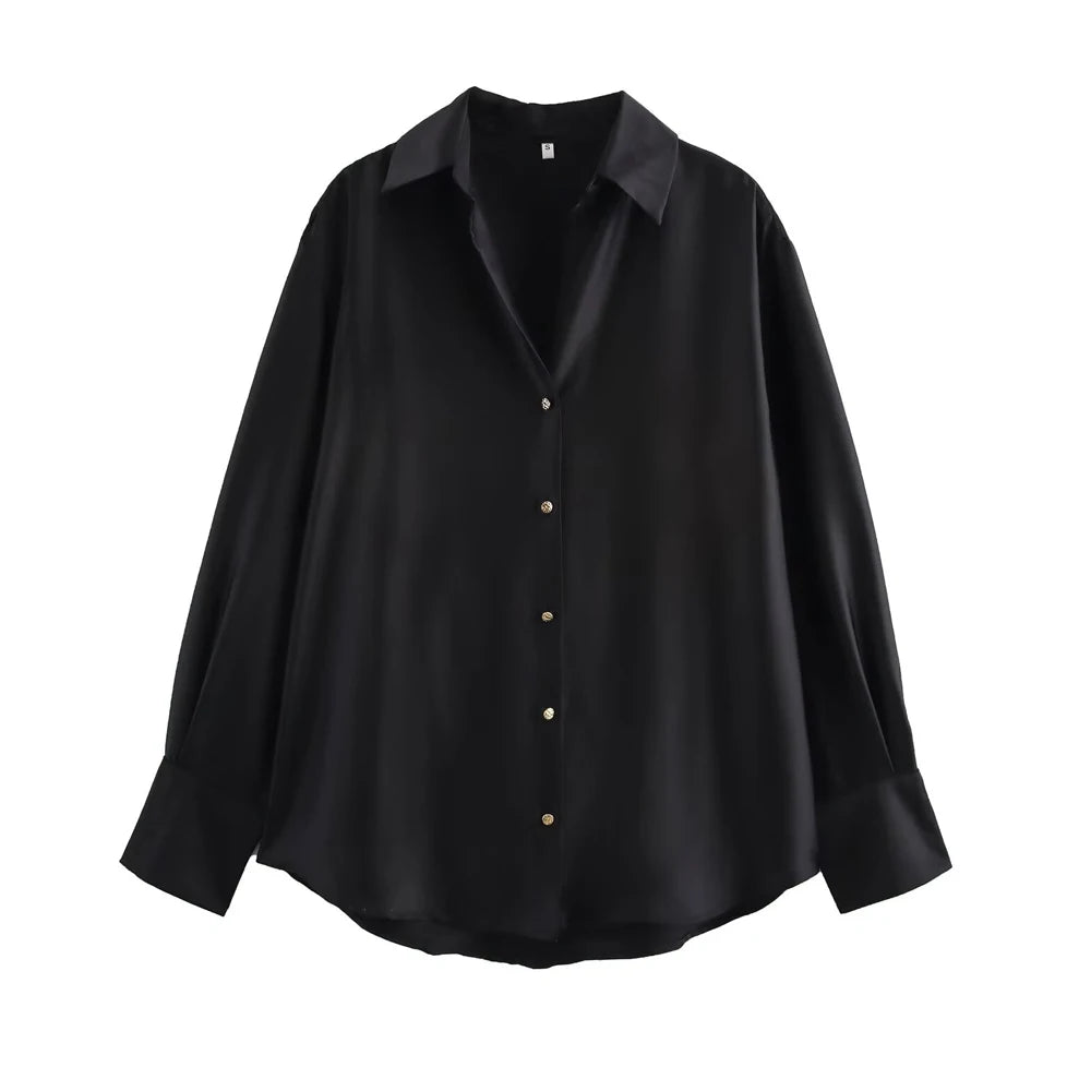 Women's Chic Lapel Collar Blouse Long Sleeve Button-Up Fashion Flowing Top Elegant Female Shirt Office.