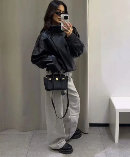 ETJ 2025 neue Damenmode, lockere Version der Stehkragen-Kunstlederjacke, Streetstyle, coole, hübsche Lederjacke