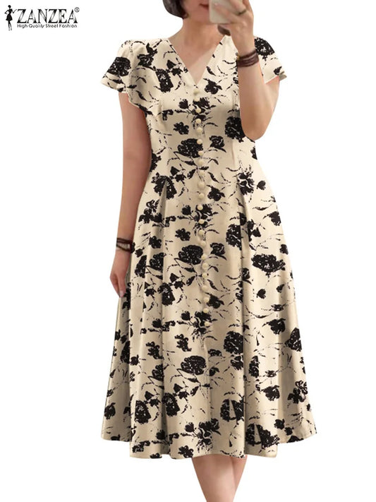 ZANZEA Damen-Sommerkleider, Rüschenärmel, V-Ausschnitt, Cinch-Taille, Damen, elegant, Blumendruck, Party, Pendeln, A-Linie, Midi-Sommerkleid
