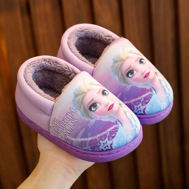 Disney Princess Elsa Winter Children's Heel Cotton Slippers Girls' Warm Frozen Kids' Cotton Black Purple Flats Shoes Size 24-40.