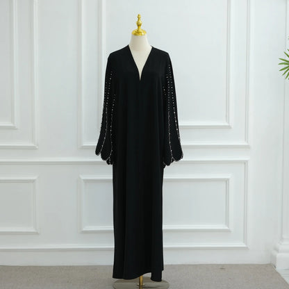 Middle Eastern Modest Dress with Pearl Sleeve for Muslim Women Ramadan Dubai Black Abaya Islam Party Jalabiya Outfit Turkey Robe.
