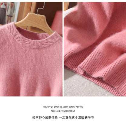 Women's Round-neck Mink Cashmere Sweater Soft Pullover Jumper Comfortable Knitted Top for Autumn Winter Pure Mink Material