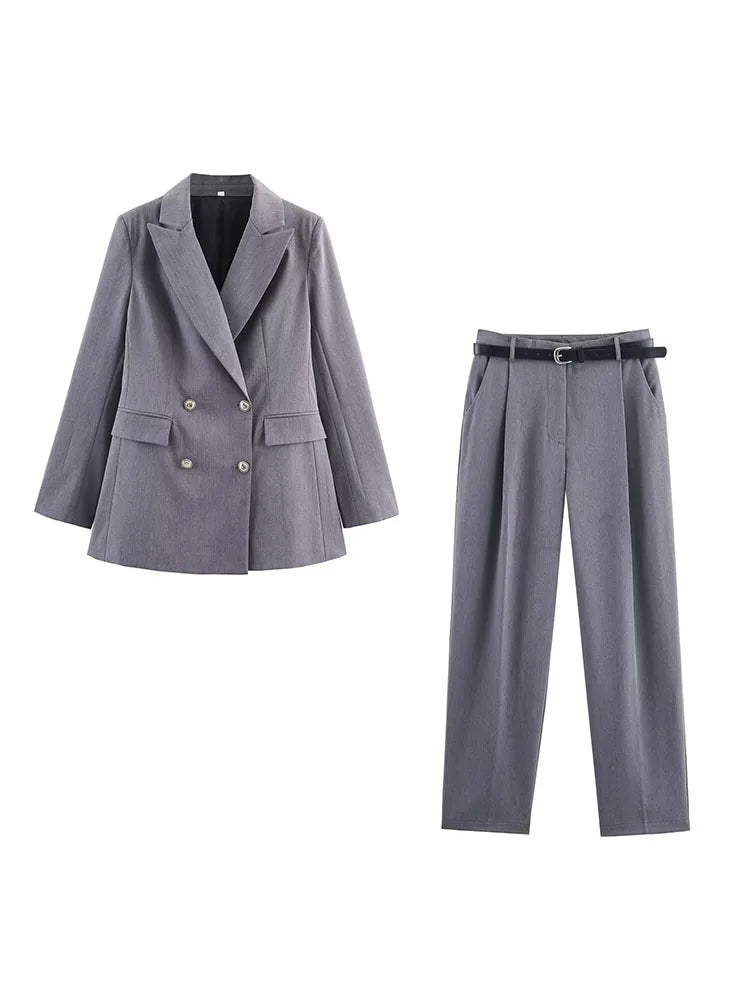 HH Frau Mode Vielseitige Lange Ärmel Zweireiher Tasche Dekoration Blazer + High Street Casual Pendeln Hose 2-teiliges Set