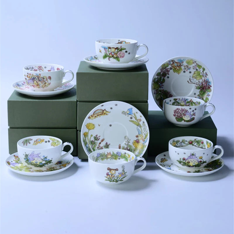 Bone China Dinner Plate Anime Cup and Saucer Set Coffee Mug Cute Cartoon Pattern Ceramic 9.5 Inch Dish Household Tableware Gift.