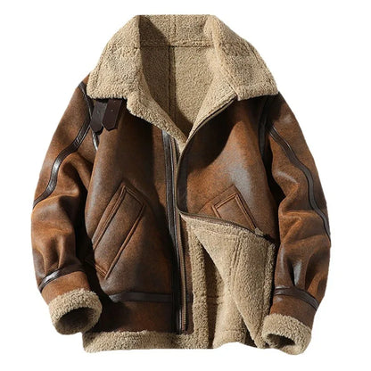 Mens Retro Suede Lambhair Jacket Thick Winter Fur Large Size Motorcycle Leather Coat Trendy.