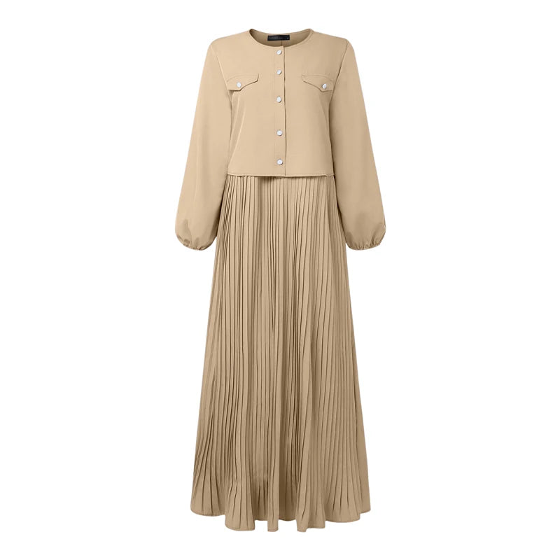 2025 ZANZEA Autumn Maxi Long Dress Women Elegant Long Sleeve Solid Pleated Sundress Patchwork Dresses Muslim Abaya Robe Femme.