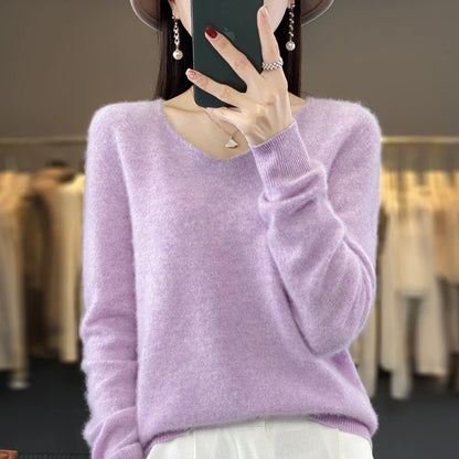 2024 100% Merino Reine Wolle V-ausschnitt Herbst Und Winter Pullover Pullover Neue Kaschmir Pullover frauen Beiläufige Gestrickte Top DMR201
