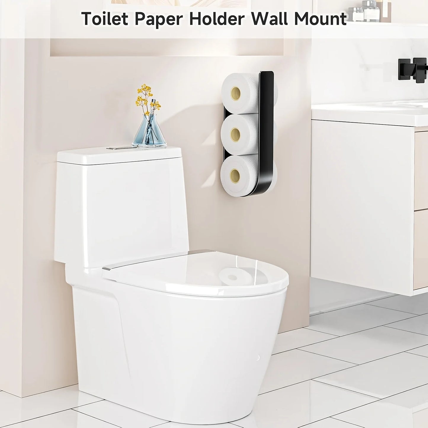 3-in-1-Toilettenpapierhalter zur Wandmontage mit Handtuchhalter und Haken – schwarzes Metall, platzsparendes Design für Badezimmer, Küche, Wohnzimmer