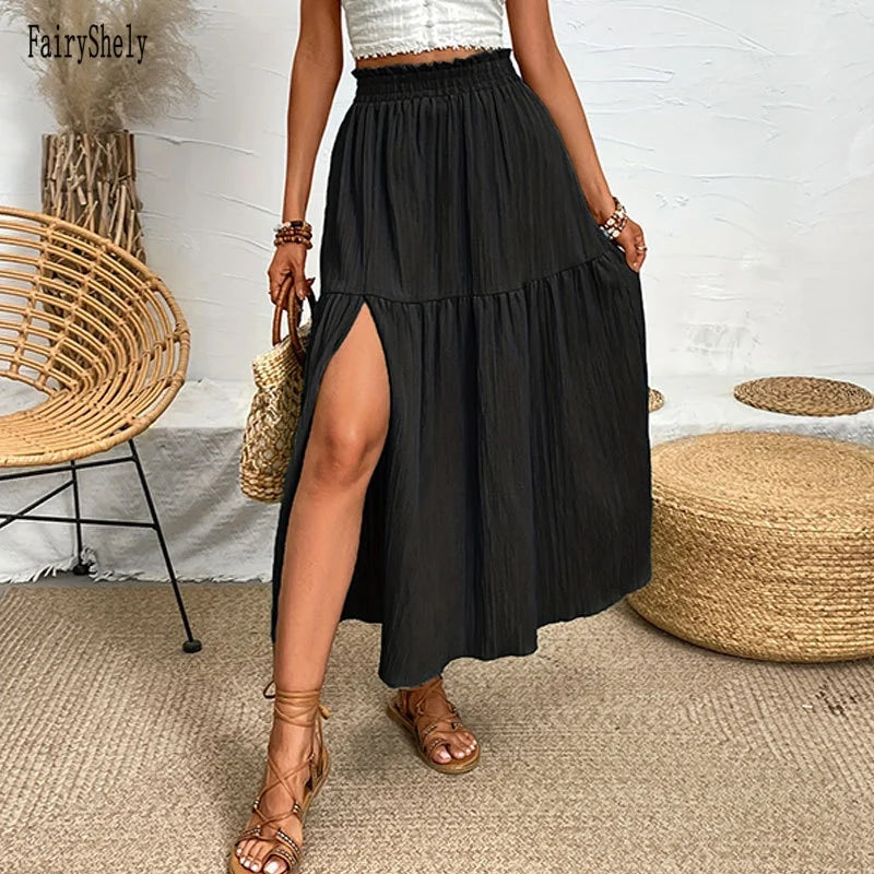 Fairyshely Casual Green Split Long Skirt Women 2025 Summer Ruffle High Waist Midi Skirt Lady Elegant Solid A line Pleated Skirt.