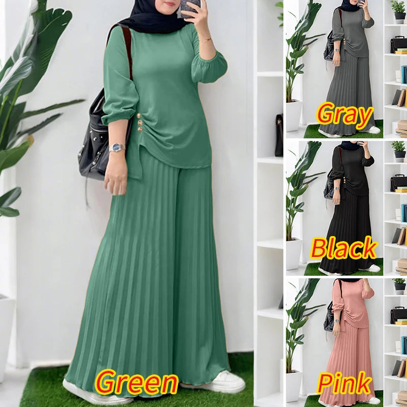 ZANZEA Muslim Women 2 Pieces Pant Sets Hijabis Casual Asymmetric Hem Long Sleeve Blouses & Pleated Pants 2pcs Suits Outfits.