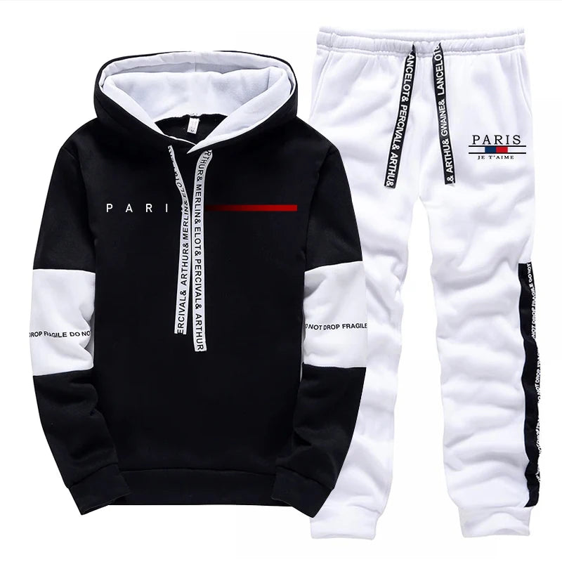 2025 Trendy Paris Print Hooded Tracksuit Men Winter Autumn Casual Jogging Outfit Athletic Sportswear Sweatpants Men's Clothes.