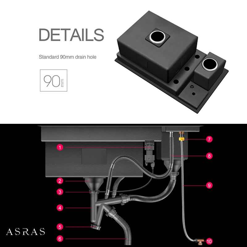 ASRAS Nanometer Hidden Flip Cover kitchen Island Sink 4mm Thickness Handmade Cup Rinser And Trash Can Kitchen Sinks