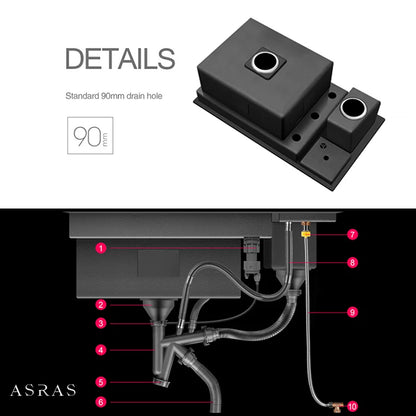 ASRAS Nanometer Hidden Flip Cover kitchen Island Sink 4mm Thickness Handmade Cup Rinser And Trash Can Kitchen Sinks