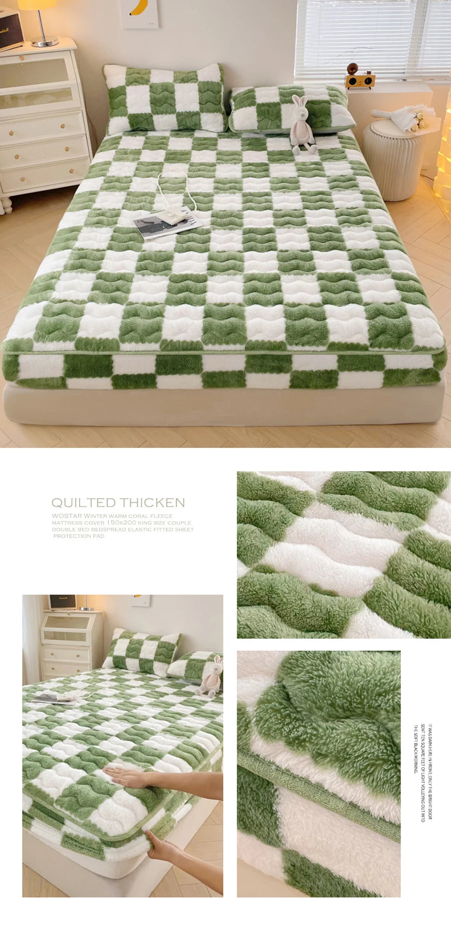 WOSTAR Winter warm coral fleece mattress protector cover fluffy plush plaid print elastic fitted sheet bed protection pad 90x200.