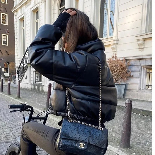 Winter frauen Jacke Dicke Warme Kurze Parka Schwarz Pu Leder Mäntel Frau Parkas Elegante Zipper Baumwolle Jacken Mantel Weibliche neue.