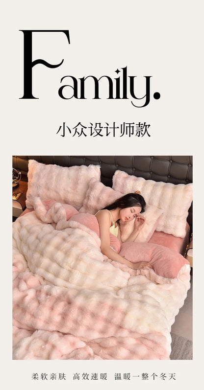 2024 new light luxury rabbit velvet four-piece set thickened warm milk velvet rabbit hair tie-dye bed sheet quilt cover.