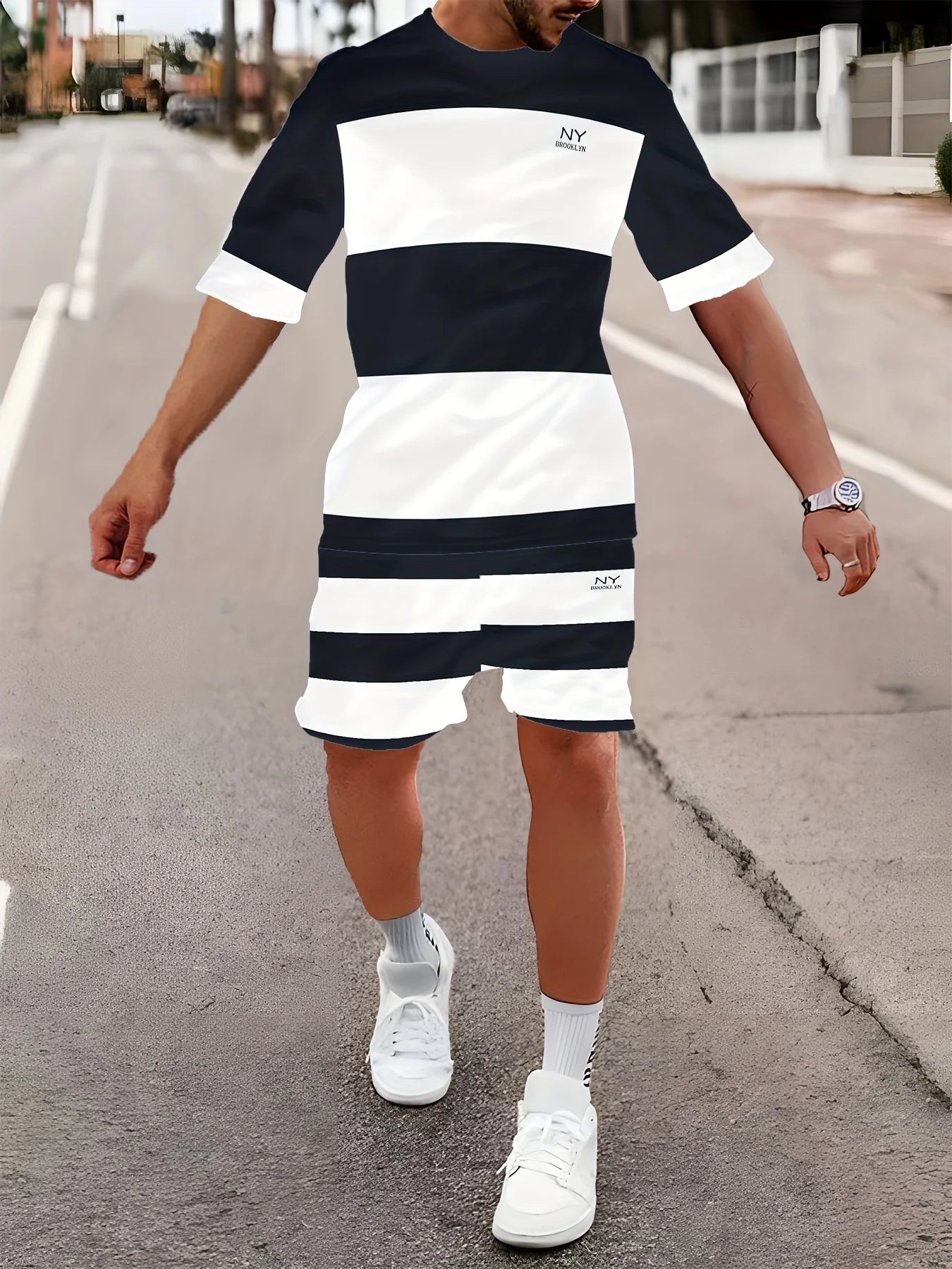 Fashionable men's summer striped print micro elastic breathable round neck T-shirt shorts set outdoor casual two-piece set.