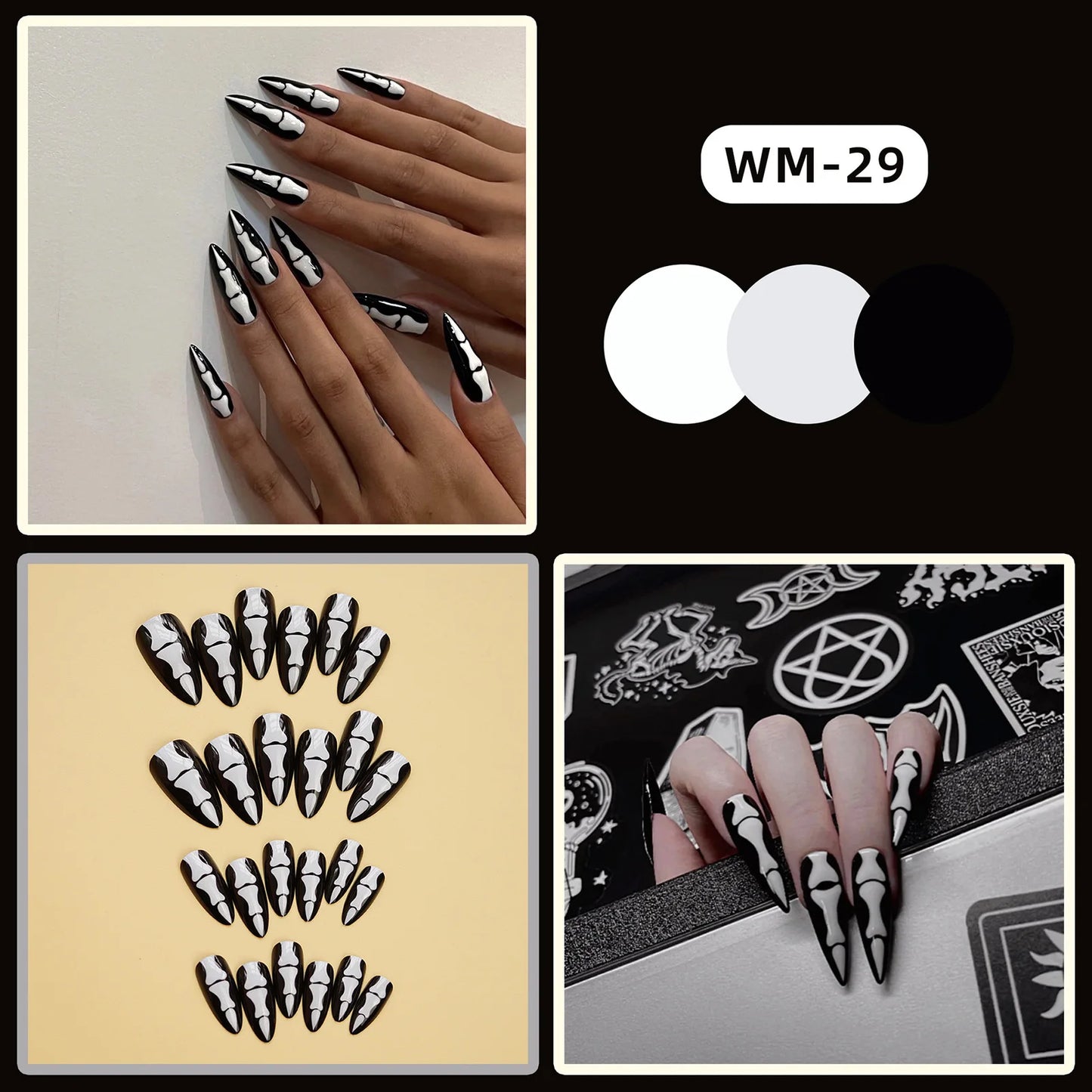 24Pcs Gothic Halloween Press On Nails - Creepy Skeleton Finger Fake Nails, Long Almond Black/White Acrylic False Nails Patches.