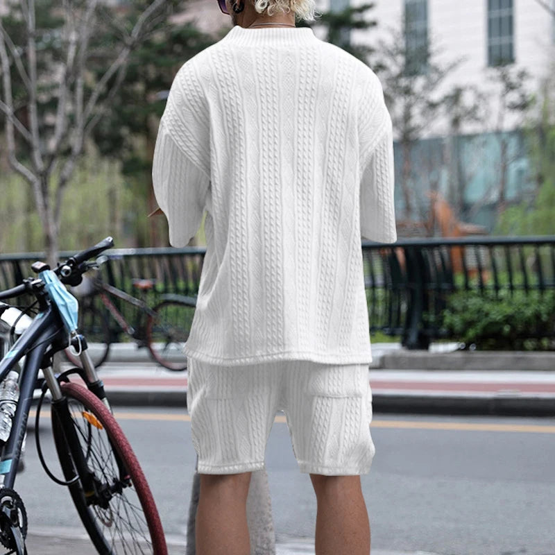 2024 Summer New Men's High Street Casual Loose Jacquard Sportswear V-Neck Short Sleeve Shorts Men's Fashion Suit.
