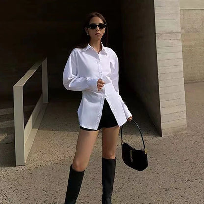 2025 Fashion Slimming Waist White Shirt Women Streetwear Long Sleeve Button Up Blouse Woman Office Turn Down Collar Shirts Top.