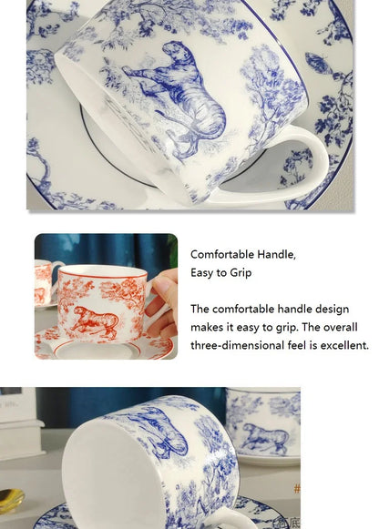 Red, Blue, Gray Tiger Series  Animal Images Bone Porcelain Coffee Cup Plate European Afternoon Tea Cup and Saucer Set Gift Box.