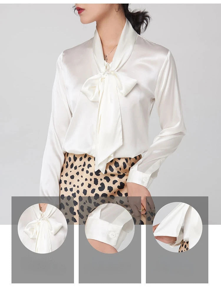Heavyweight Mulberry Silk Shirt Women's 2025 Spring And Autumn New Long Sleeve Satin Silk Blouse V-neck Bow Ribbon Shirt.