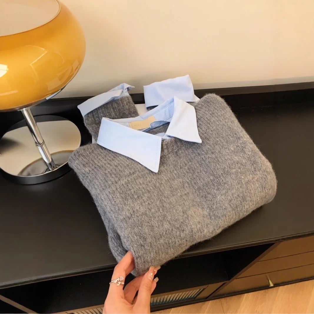 Gefälschte Zwei Shirts Kragen Pullover frauen Herbst Outfit Neue Lazy Linterior Kontrast Farbe Grau Stricken Pullover Top Mit Flip kragen