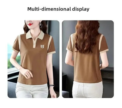 Sporty Short Sleeve Polo Shirt for Women Summer Fashionable Hong Kong Style Top Slim Fit Mixed Fabric Trendy T-Shirt