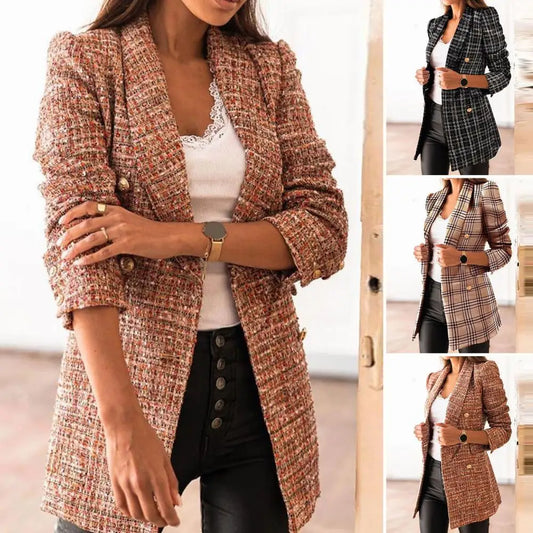 Frauen Herbst Blazer Revers Strickjacke Lange Ärmeln Doppel-breasted Slim Fit Warm Lässige Dick Plaid Print Lady Mantel für arbeit Jacke