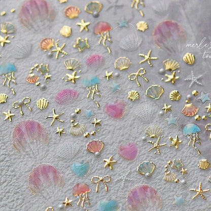 Ocean Theme 5D Nail Sticker Summer Beach Seashells Starfish Conch Scallop Shell Coral Self Adhesive Decoration Manicure Decal