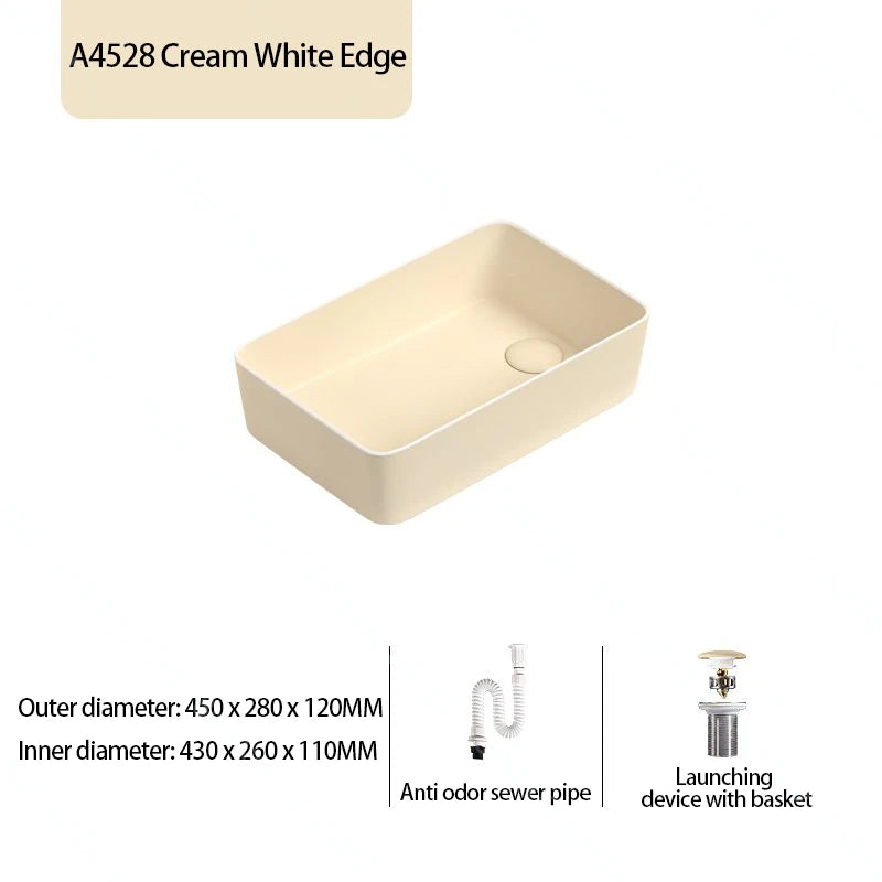 Rechteckiges Waschbecken aus Porzellan-Keramik für Badezimmer, modernes Waschbecken über der Theke mit Abflussset, Waschtischwaschbecken auf der Arbeitsplatte