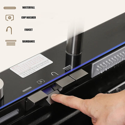 Wasserfall-Küchenspüle aus Edelstahl 304, großes Einzelschlitz-Wasserhahn-Set mit integrierter Digitalanzeige, Seifenspender, Tassenwascher