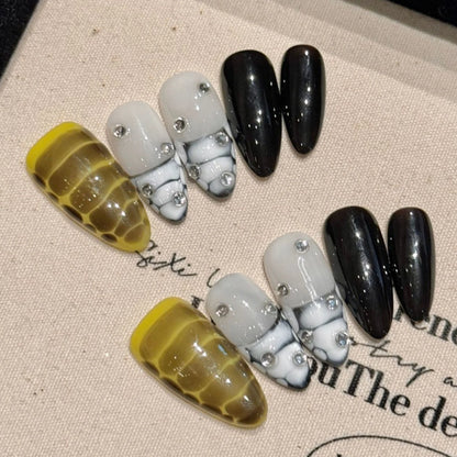 10pcs Handmade Almond False Nails Black White Alligator Print French Style Press On Nail Diamond Cross Design Wearable Fake Nail.