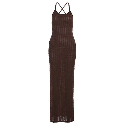 Sexy Streifen Rippen Stricken Schlank Bodycon Maxi Kleid Frauen Ärmellose Backless Lange Popcorn NDress Elegante Club Party Vestidos