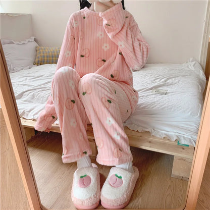 Winter-Damen-Pyjama-Homewear-Anzug, neues warmes Set aus Korallen-Fleece für Herbst und Winter, bequemer warmer Pyjama-Homewear-Anzug
