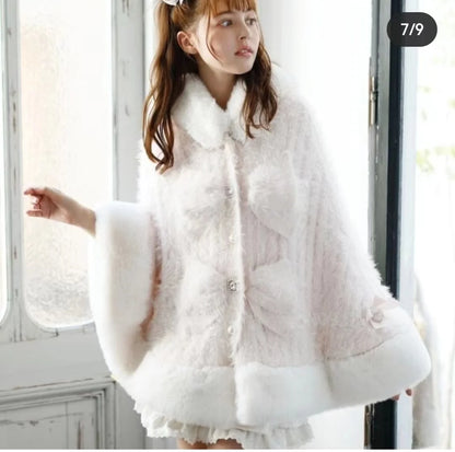 Japanische Liz Süße Prinzessin Faux Kaninchen Fell Cape Mantel Frauen Herbst Winter Pelz Jacke Lose Uhr Strass Bogen Mit Kapuze Mantel