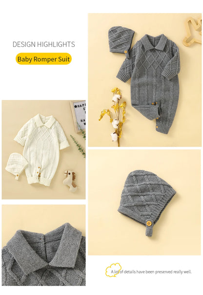 White Baby Girl Rompers Clothes Winter Long Sleeve Knitted Newborn Infant Boy Jumpsuits Hats Outfits Sets 0-18m Toddler Playsuit