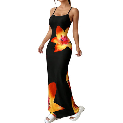 Frauen Floral Bedruckte Spaghetti Strap Slash Neck Maxi Kleid Sommer Backless Sexy Bodycon Strand Urlaub Urlaub Party Lange Dresse.