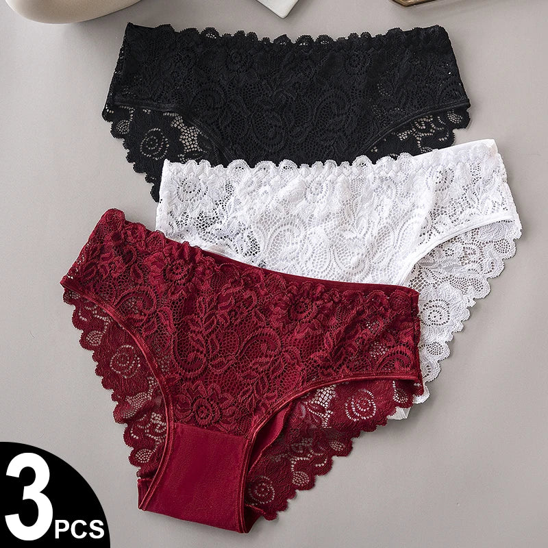 3PCS/Set Luxury Floral Embroidery Lace Panties Women Briefs Sexy Hollow Lingerie Female Underwear Ladies Breathable Underpants.