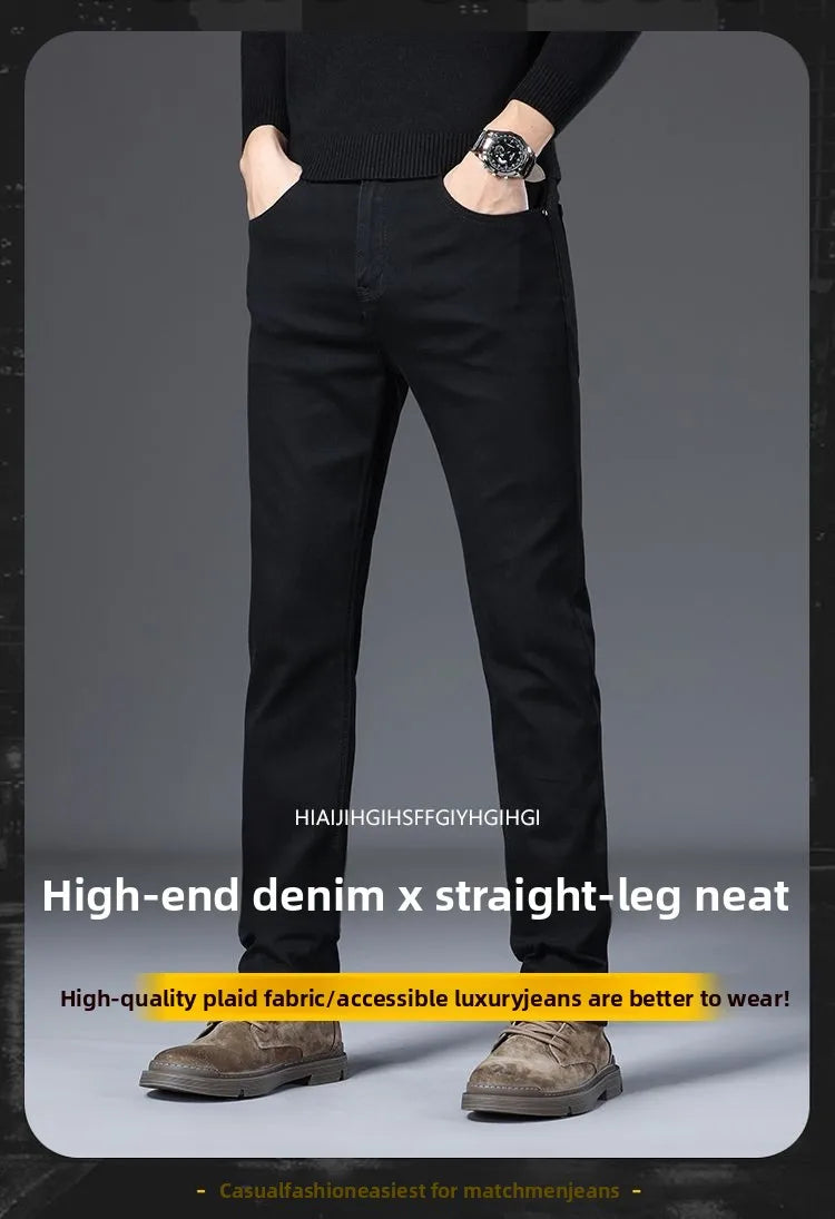 New Style Jeans Black Men's Slim Korean Style Comfortable Straight Leg Elastic Mid Waist Pants Autumn Winter Casual Denim Pants.