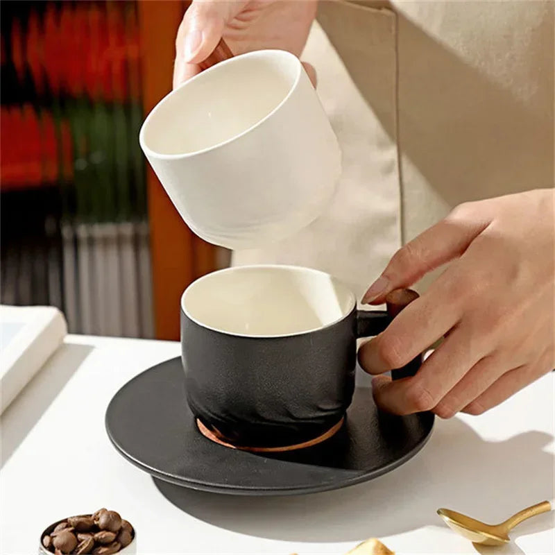 Blue Retro Ceramic Coffee Cup with Saucer 130ml Wooden Handle Tea Water Cup Filter Tea Mug Handmade Frosted Tea Coffee Cup Gift.