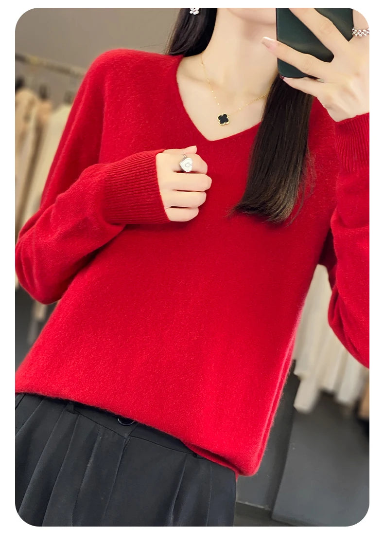 Women 100% Merino Wool Sweater V-Neck Basic Pullover Autumn Winter Cashmere Clothing Long Sleeve Soft Knitwear Tops Solid Color