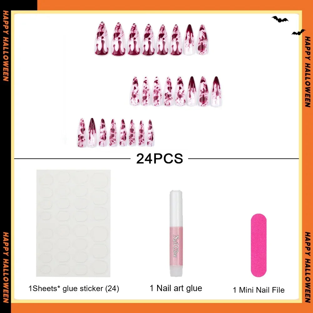 24pcs Blood Splatter Press-On Nails Set Almond-Shaped Long Length Glossy Finish Red and White Faux Nail Kit for Women Halloween.