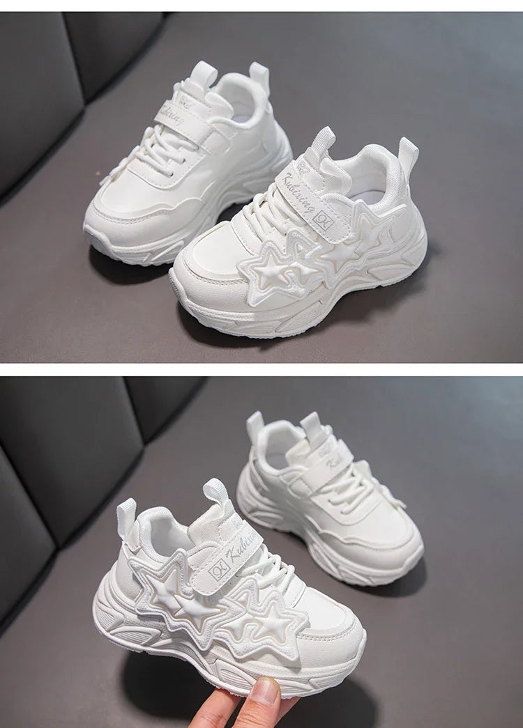 Children Casual Shoes for Girls Fashion Classic with Stars Girls Sports Running Sneakers Breathable PU + Rubber Anti-skid Soft.