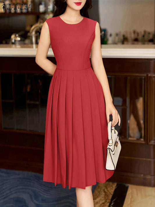 ZANZEA Elegante Frauen Plissee Midi Kleider Ausgestattet Taille Ärmel Solide Party Vestidos 2025, Sommer O Neck Pendeln Roben Femme