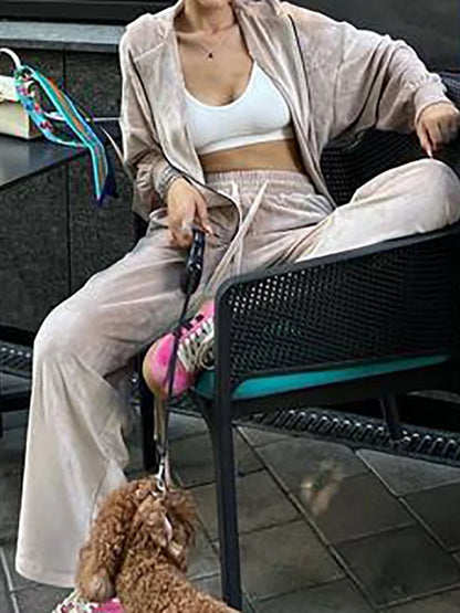 Women Autumn Hooded Coat Two Pieces Sets, Solid Patchwork Wide Leg Pants Chic Outfit, New Long Sleeve Casual Simple Ladies Suits