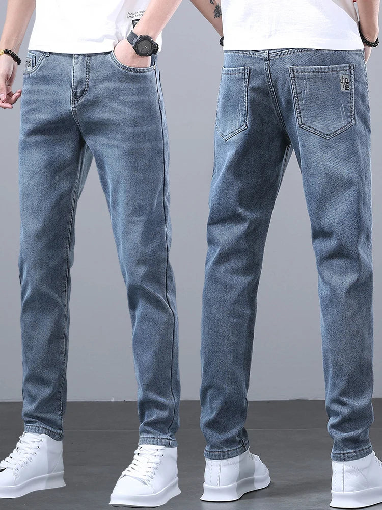 New Men's Four Seasons Business Jeans Fashionable Slim Fit Micro Elastic Straight Leg Long Pants.