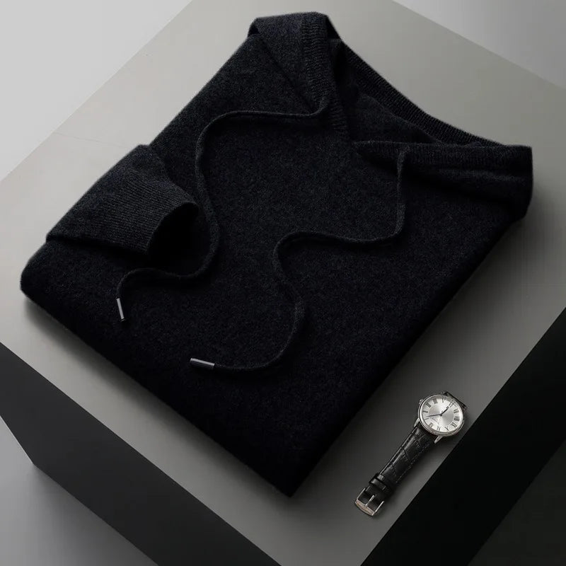 Autumn Winter New Merino Sweater Men's 100% Wool Hooded Collar Knitted Pullover Casual long Sleeved Hoodie